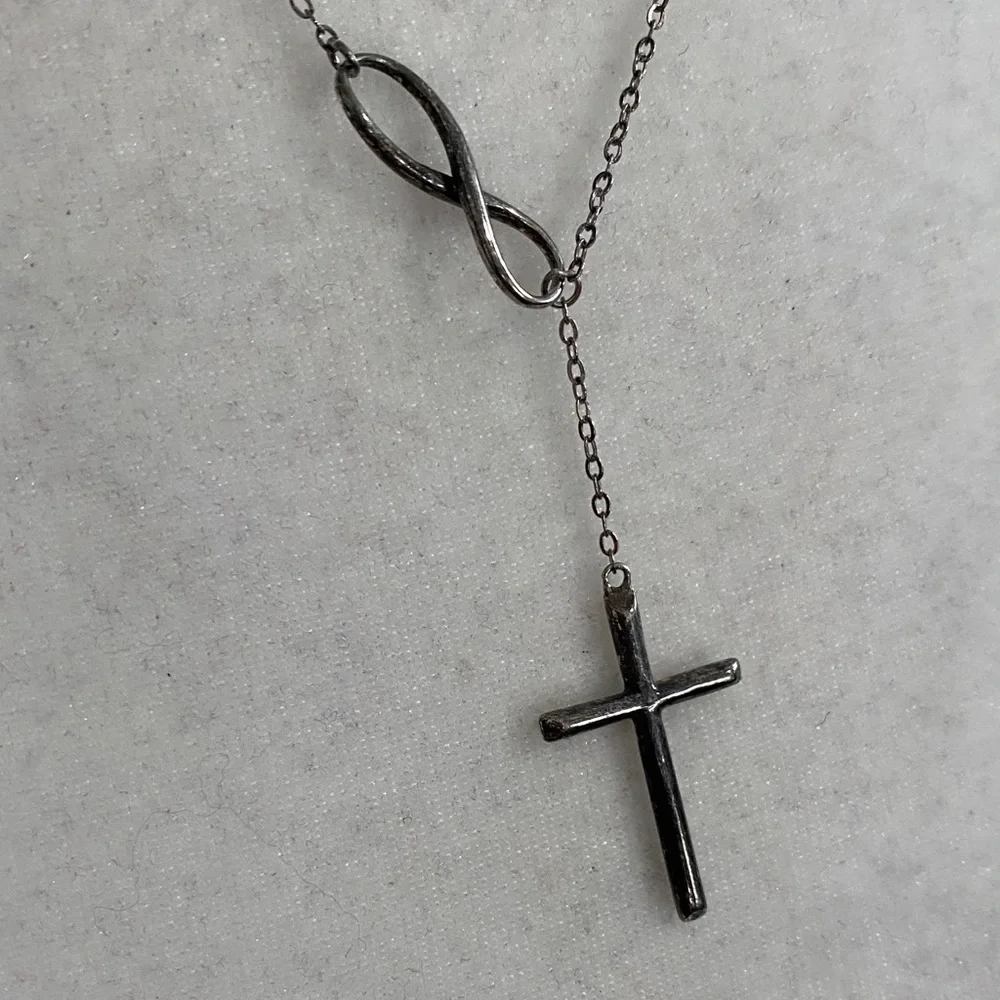 Antiqued Infinity Cross 925 Sterling Silver Lariat Y-Necklace Christian Faith